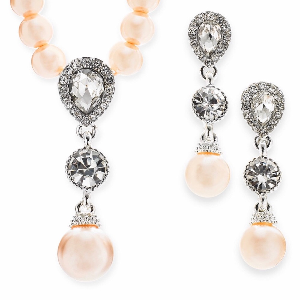 Cubic Zirconia Pearl Lariat Necklace Earrings Set - Picture 2 of 7